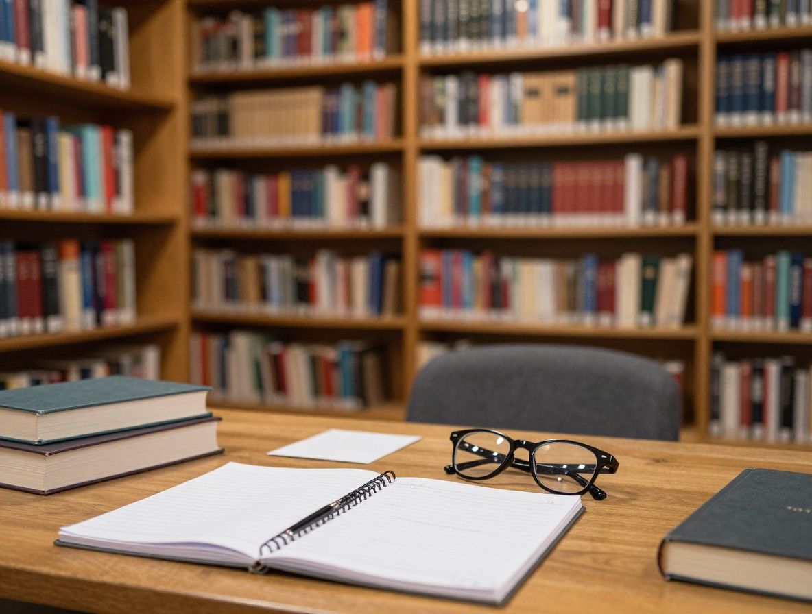 Открытые книги по психологии, блокнот с заметками и очки на рабочем столе в светлой библиотеке