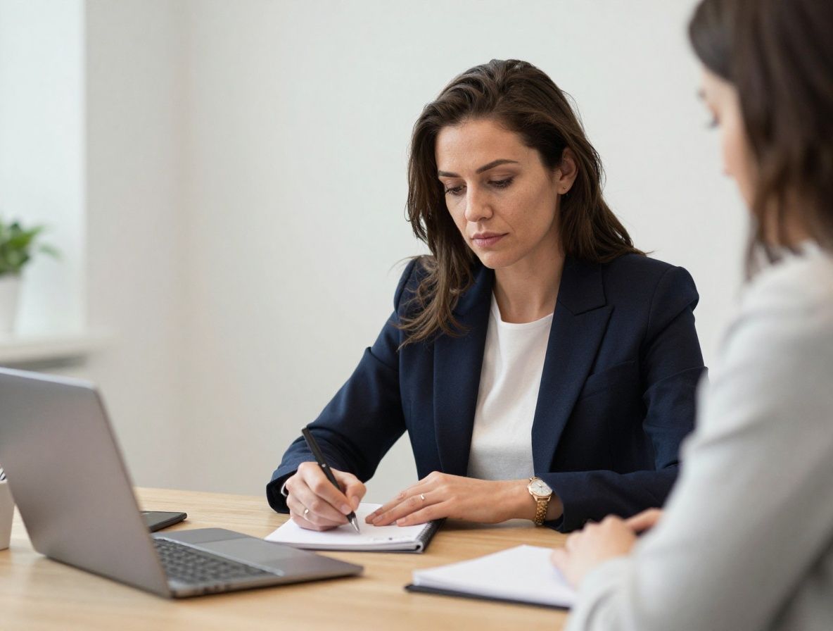 Психотерапевт и клиент беседуют за столом в уютном кабинете, терапевт делает заметки в блокноте