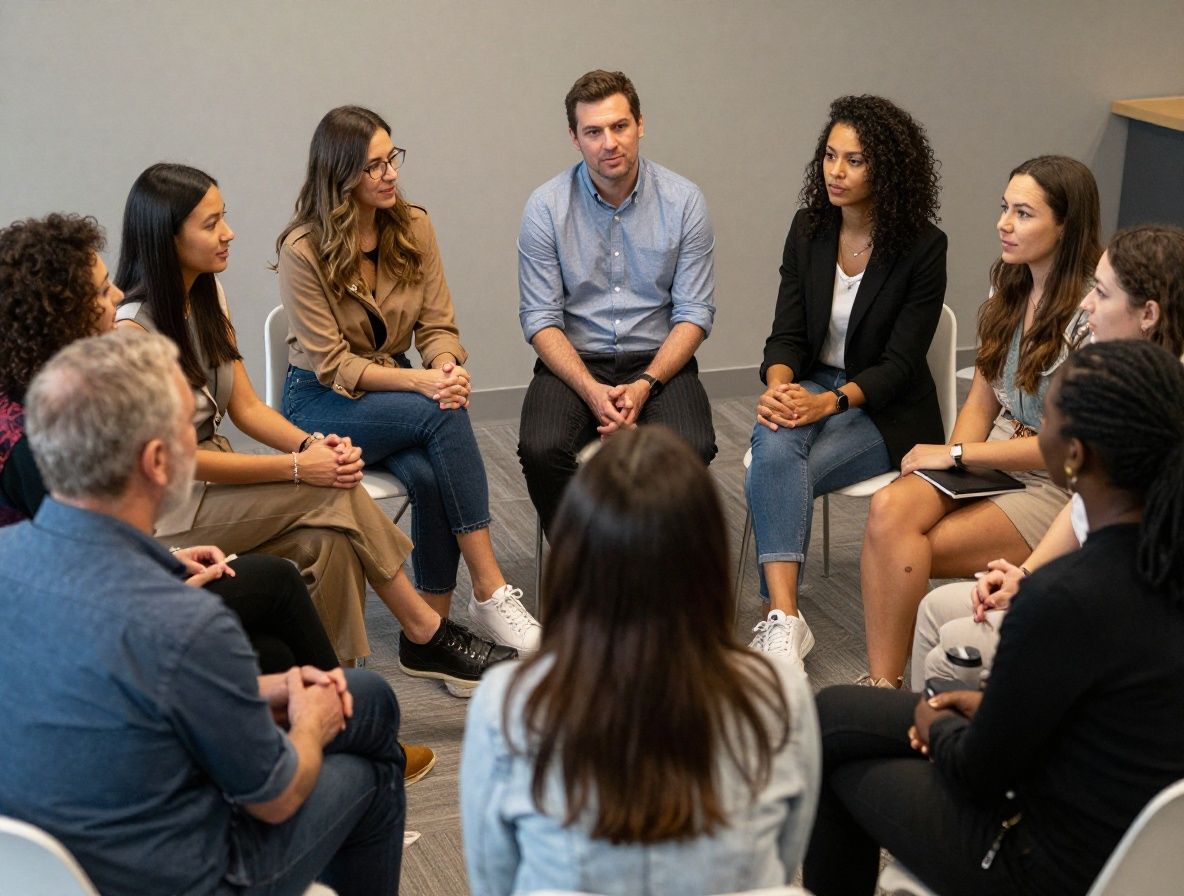 Группа разнообразных людей сидит в круге и активно обсуждает что-то в светлом конференц-зале