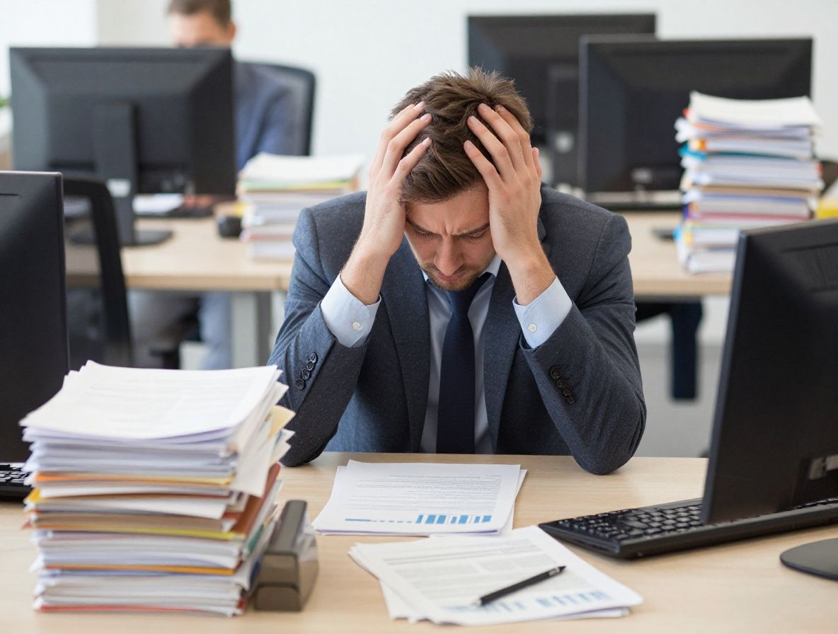 Усталый офисный работник держится за голову перед ноутбуком, окружённый стопками документов