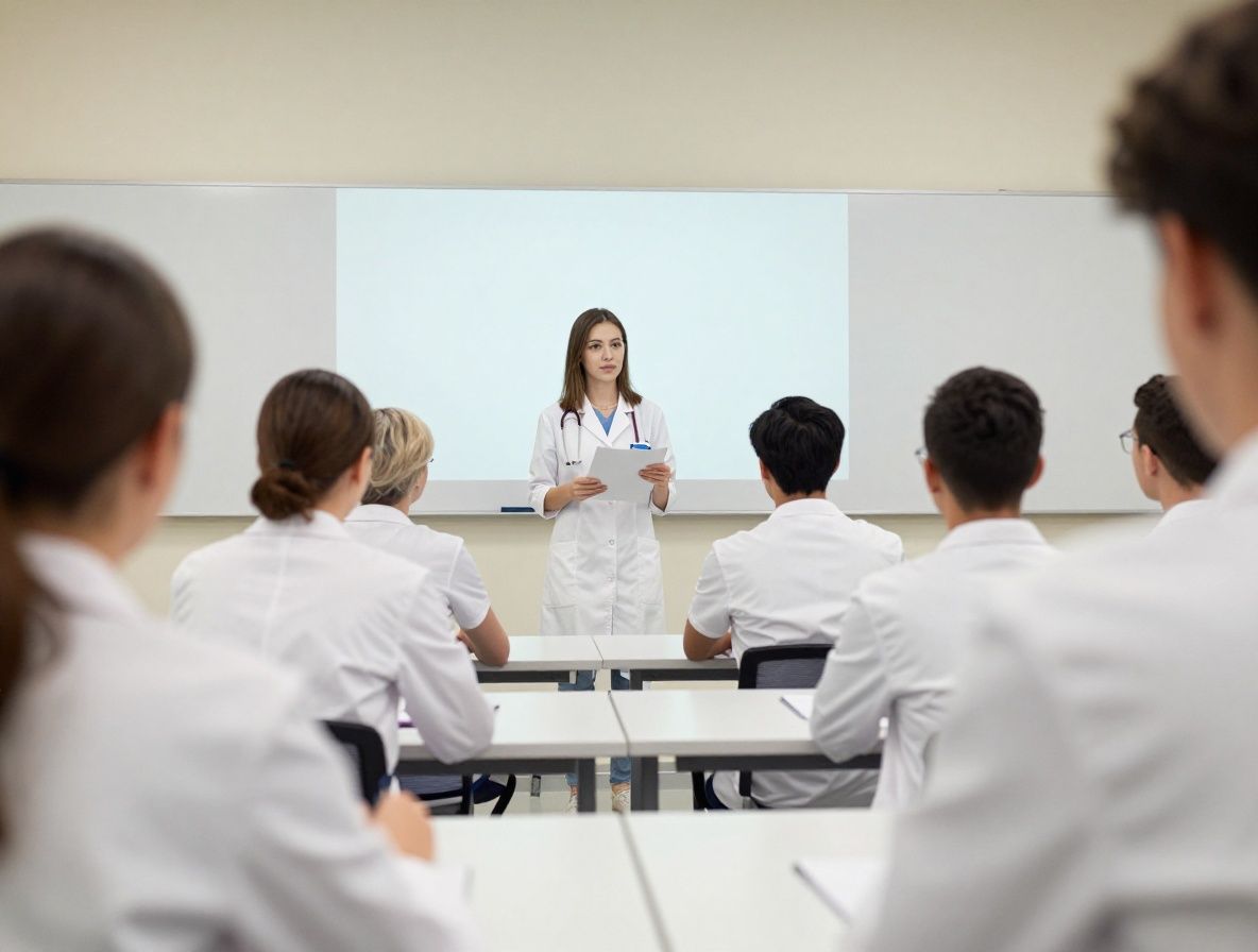 Студенты медицинского факультета изучают клинические случаи в аудитории с белой доской