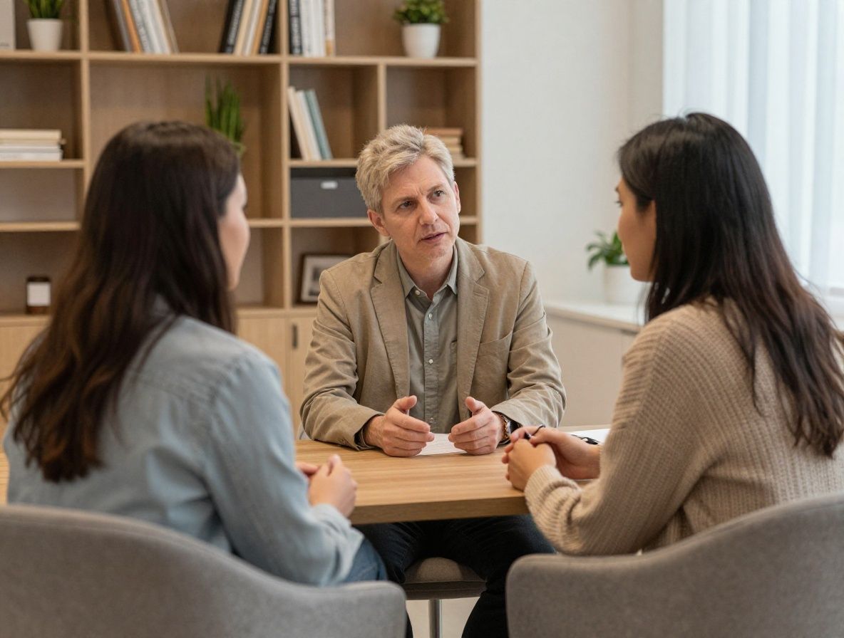 Консультант-психолог ведёт беседу с клиентом в тёплом, уютном кабинете с мягкими креслами и приглушённым светом