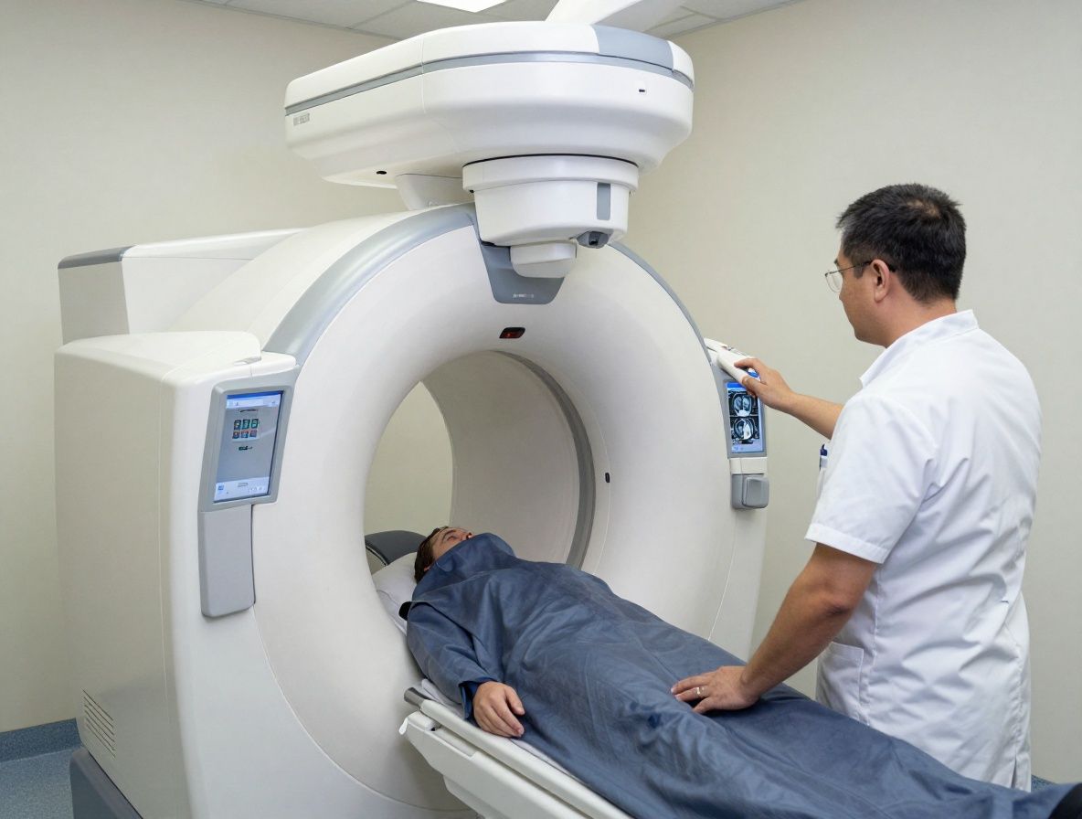 МРТ-сканер в клинической лаборатории, врач изучает снимки мозга пациента на мониторах