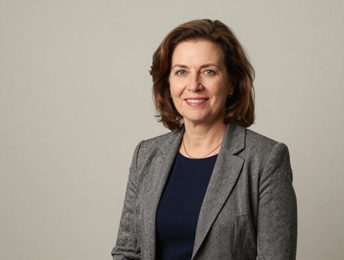 Профессиональный портрет женщины-психолога средних лет с дружелюбной улыбкой, в деловой одежде на нейтральном фоне