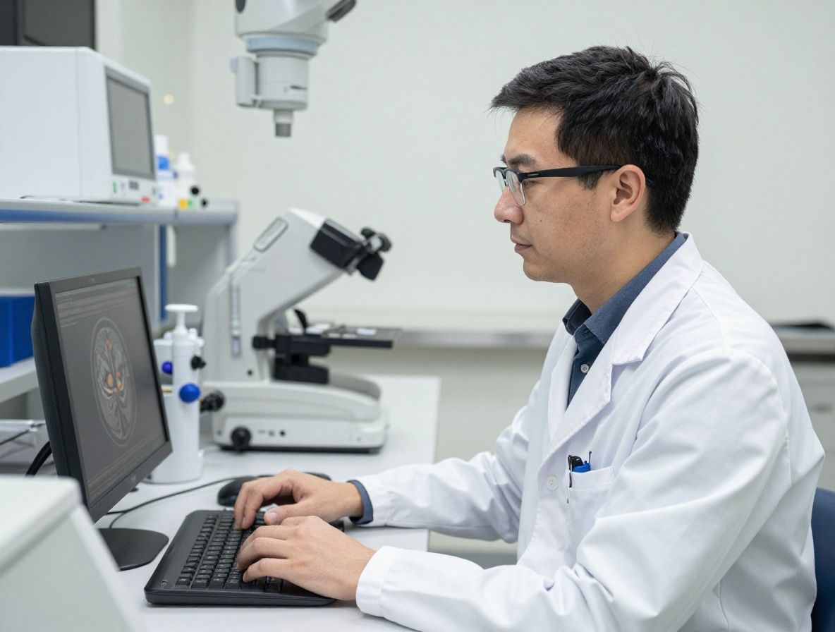 Мужчина-нейропсихолог в лабораторном халате, стоящий у оборудования для сканирования мозга в исследовательском центре