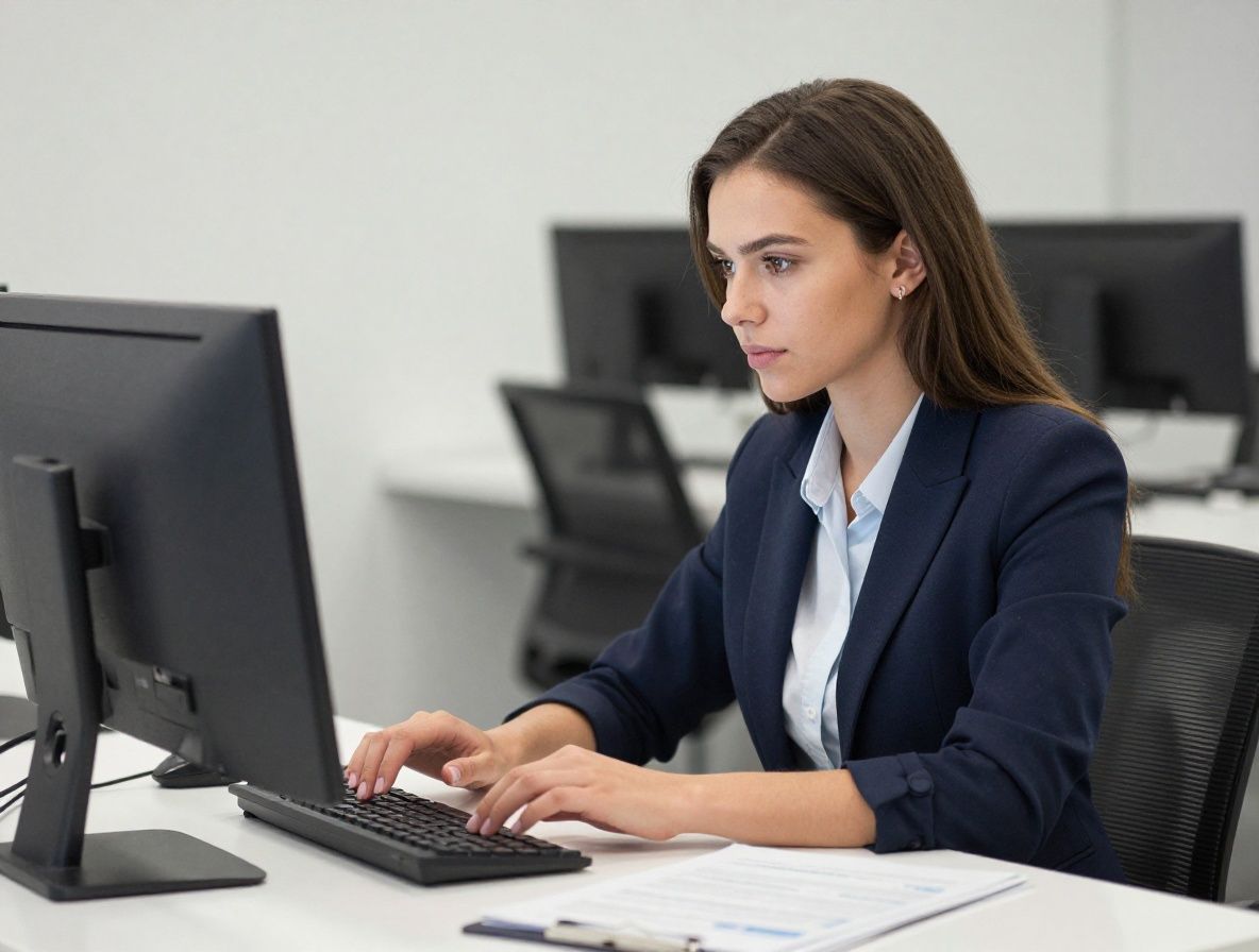 Молодая женщина-исследователь за компьютером в современном университетском офисе, анализирует данные